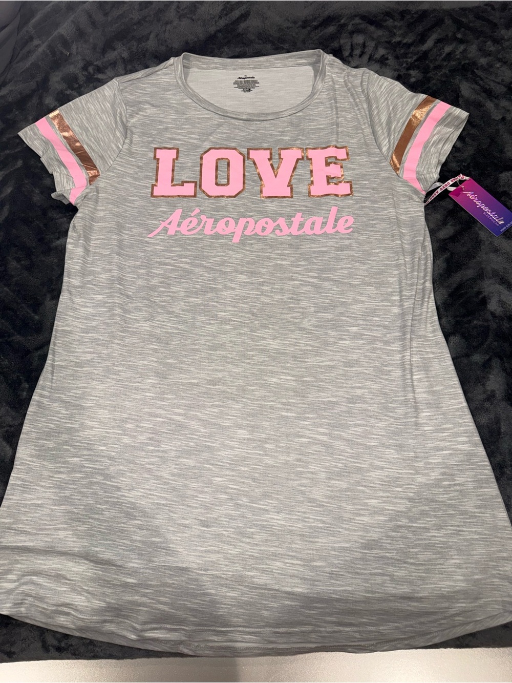Aeropostale Gray Tee with Pink and Rose-Gold Stripe Detail